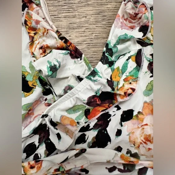 Anthropologie Allihop Ruffle Floral Halter Ruching Tie Waist One-Piece Swimsuit - Picture 4 of 13